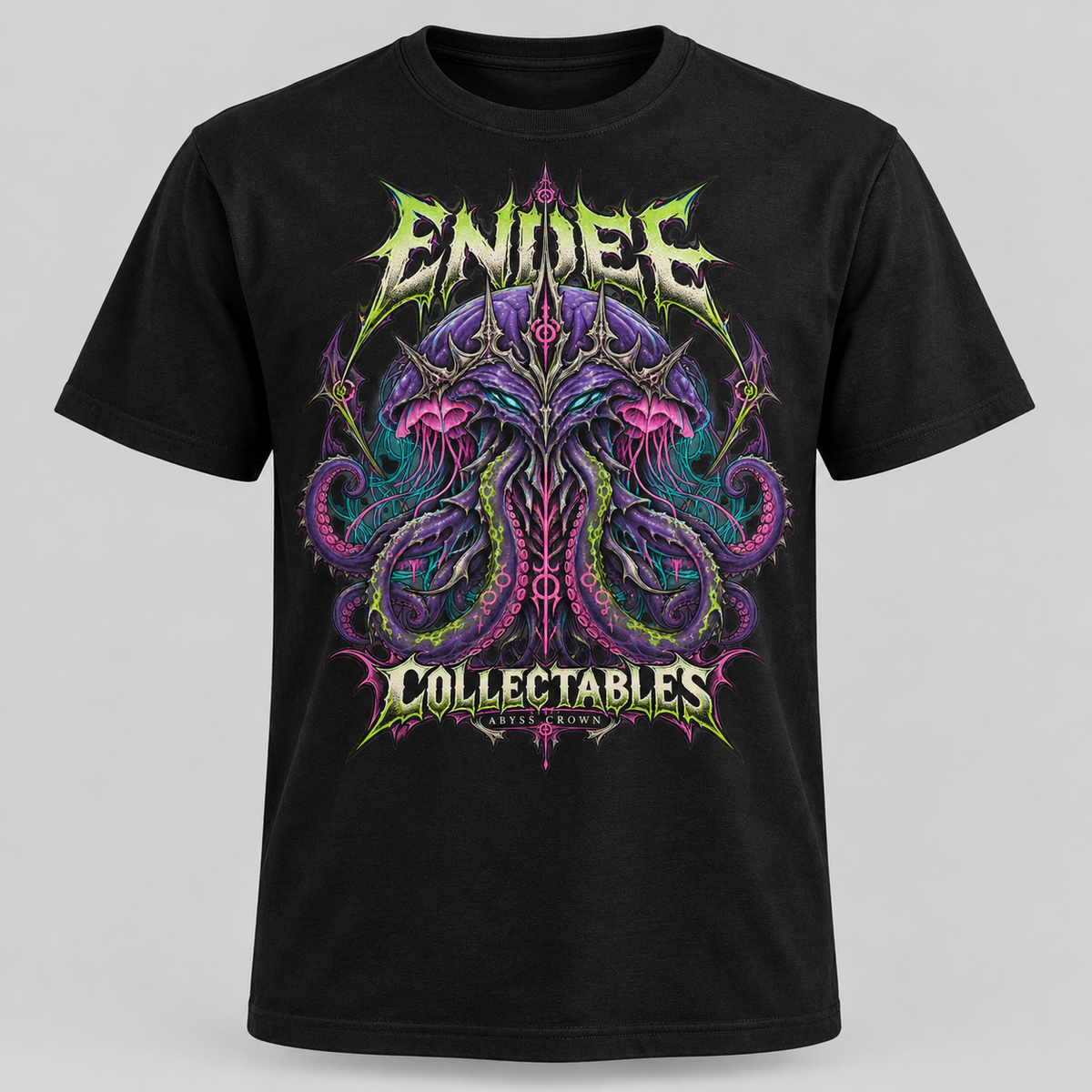 Abyss Crown neon graphic design on black Endee Collectables T-shirt