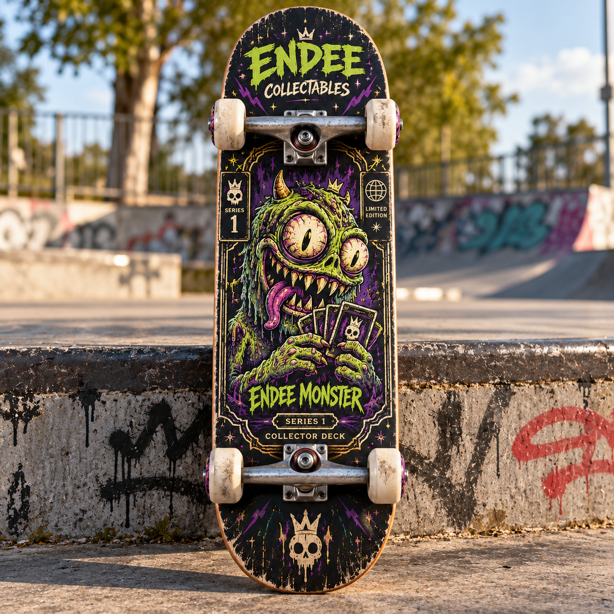 Endee Monster collector-series complete skateboard at an Australian-style skatepark; AI-generated concept only