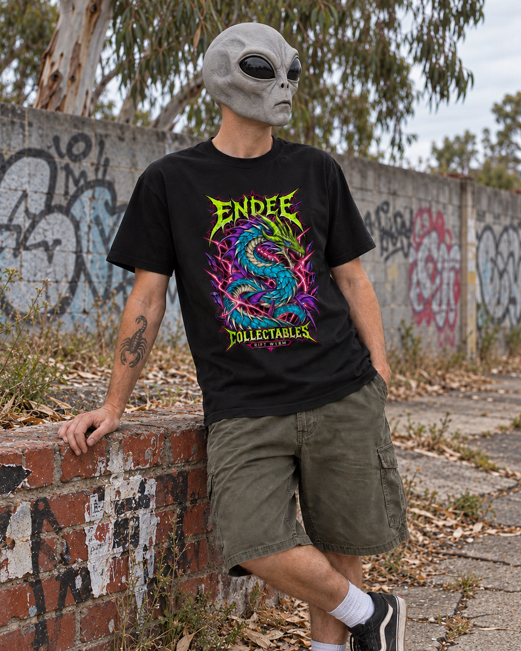 Rift Wyrm — Graphic Tee in black — varied natural head pose, AI-generated model mockup