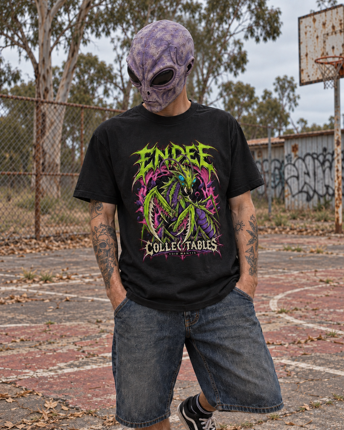 Void Mantis — Graphic Tee in black — varied natural head pose, AI-generated model mockup