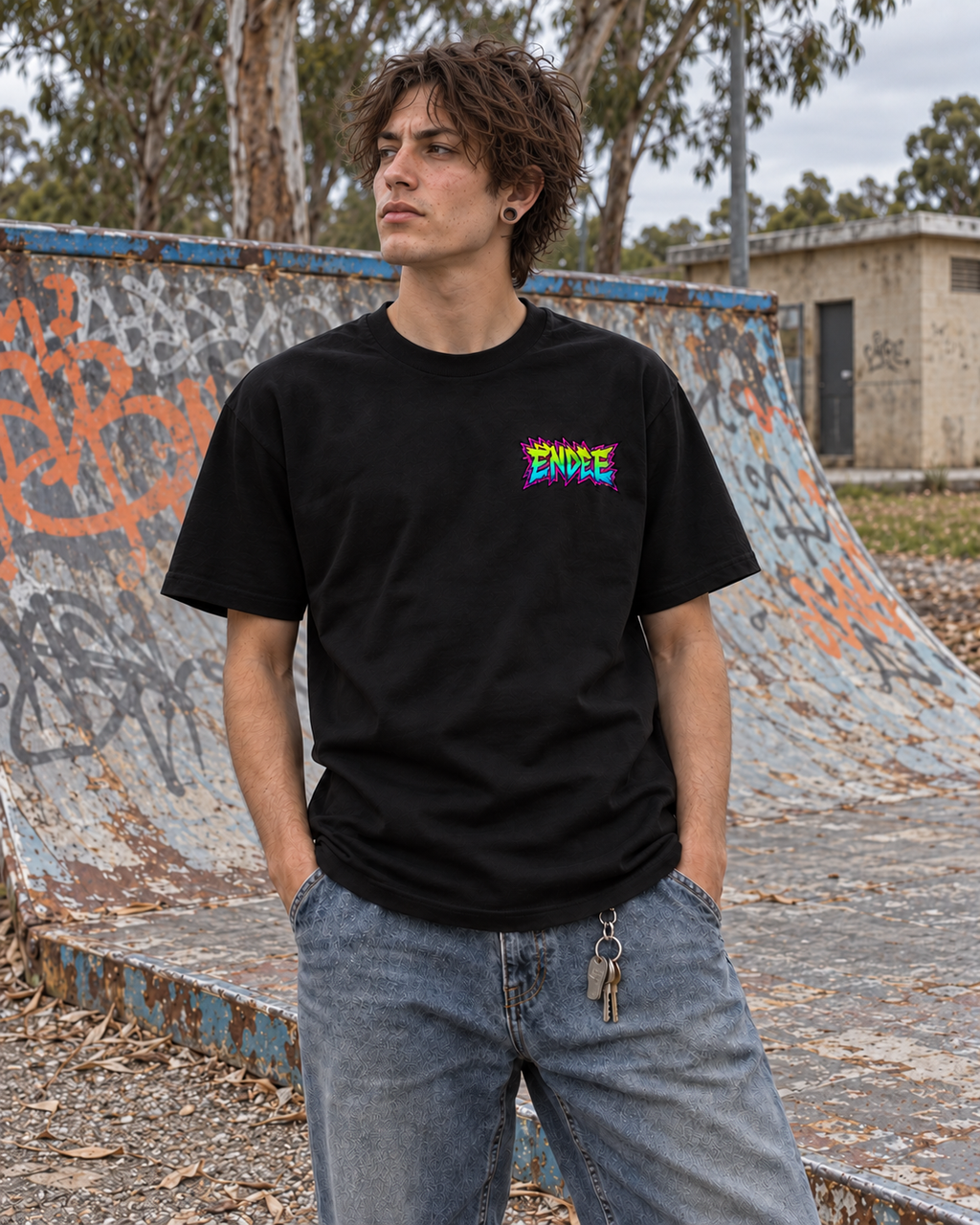 Neon — Longer Fit Tee in black — varied natural head pose, AI-generated model mockup