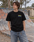Neon — Longer Fit Tee in black — varied natural head pose, AI-generated model mockup