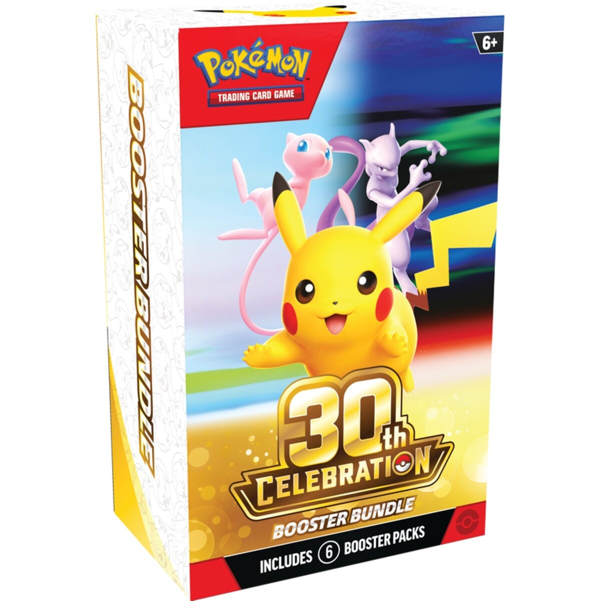 Pokémon TCG 30th Celebration English six-pack sealed booster bundle box featuring Pikachu, Mew and Mewtwo