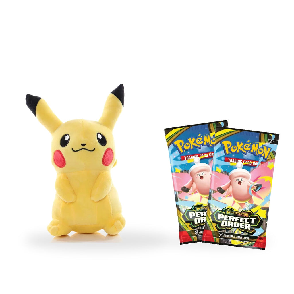 Example bundle: one Pikachu plush and two sealed Perfect Order booster packs. Plush selected separately; wrapper artwork varies.