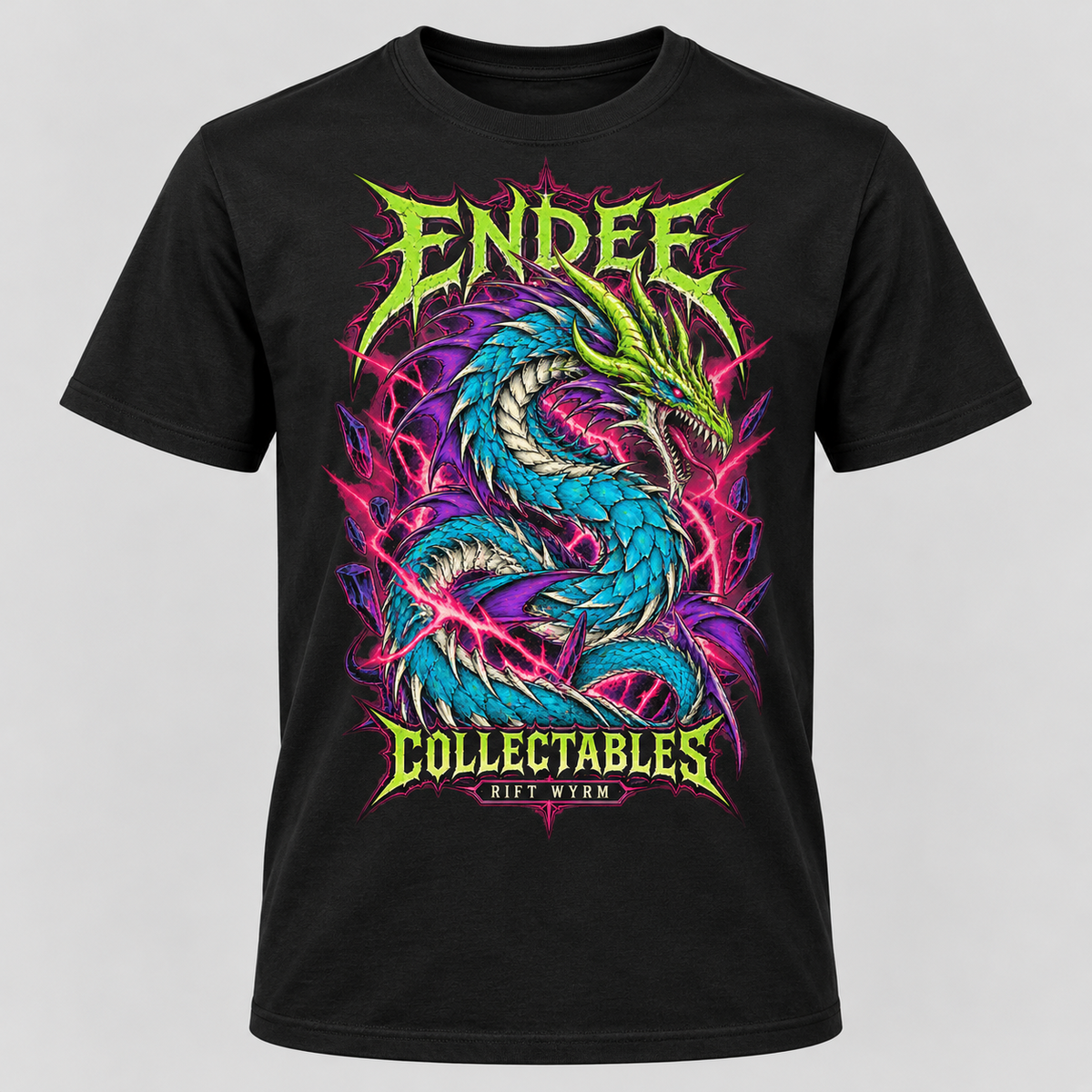 Rift Wyrm neon graphic design on black Endee Collectables T-shirt