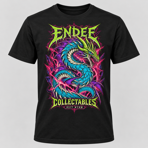 Rift Wyrm neon graphic design on black Endee Collectables T-shirt
