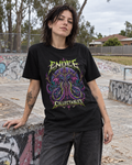 Abyss Crown black graphic tee on alternative adult woman at suburban Australian-style skatepark — AI-generated model mockup
