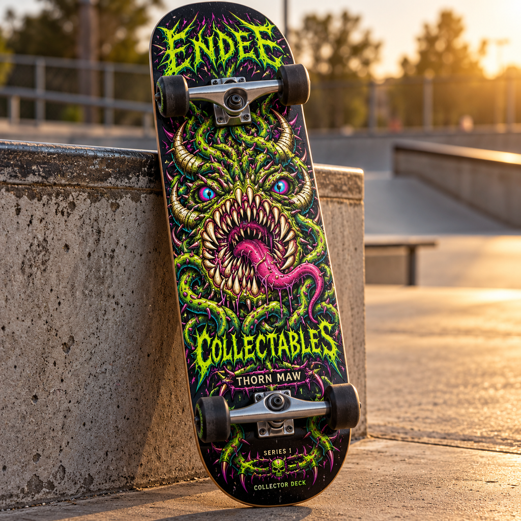 Thorn Maw complete skateboard featuring an original monster deck graphic, illustrated in a skatepark setting — product mockup