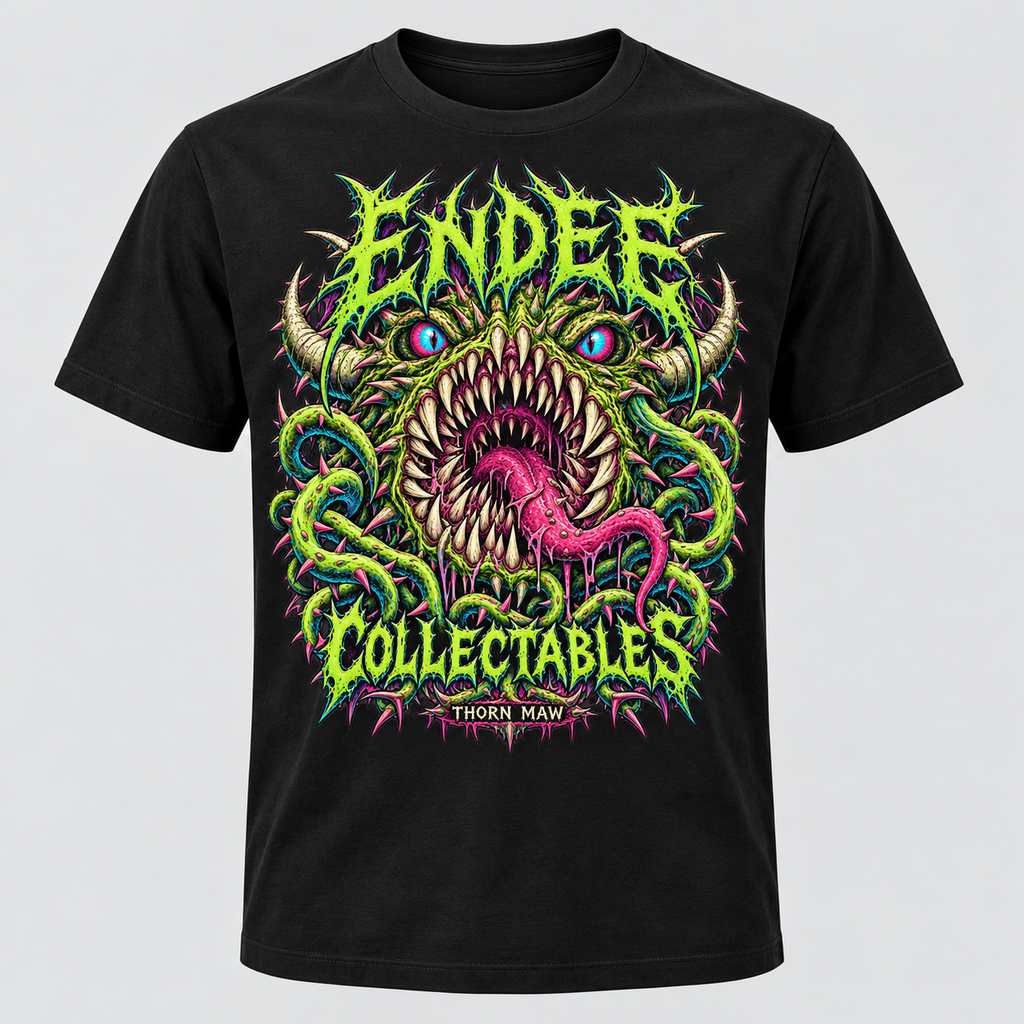 Thorn Maw neon graphic design on black Endee Collectables T-shirt