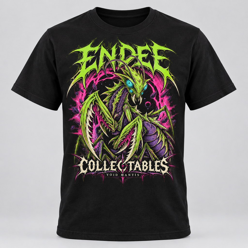 Void Mantis neon graphic design on black Endee Collectables T-shirt