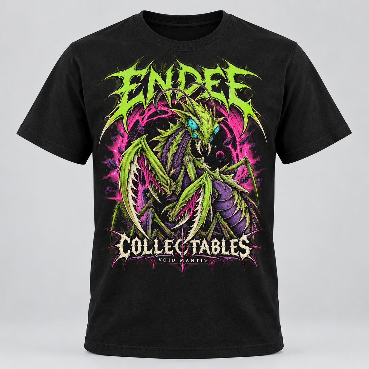 Void Mantis neon graphic design on black Endee Collectables T-shirt